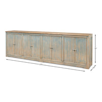 Long blue buffet, dimensions illustrated, five doors.