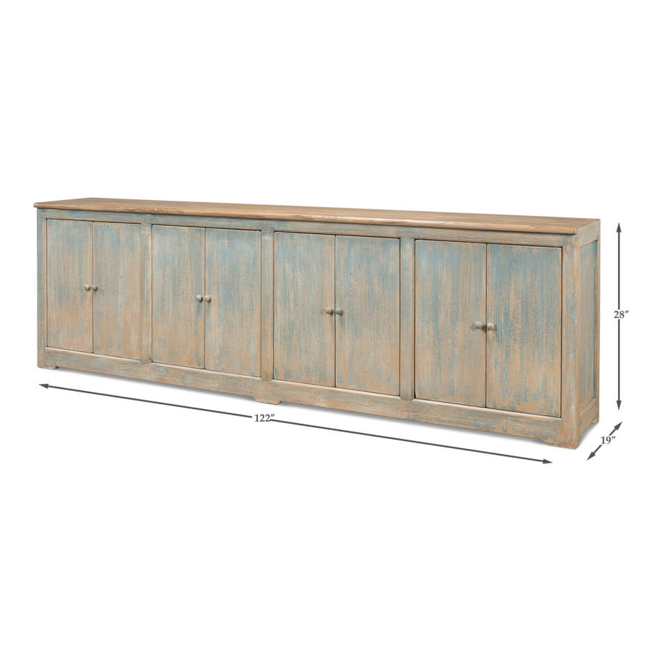 Long blue buffet, dimensions illustrated, five doors.