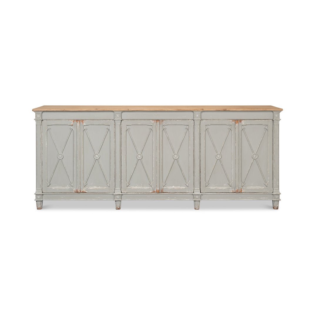 Wide front view of Directoire style gray buffet.