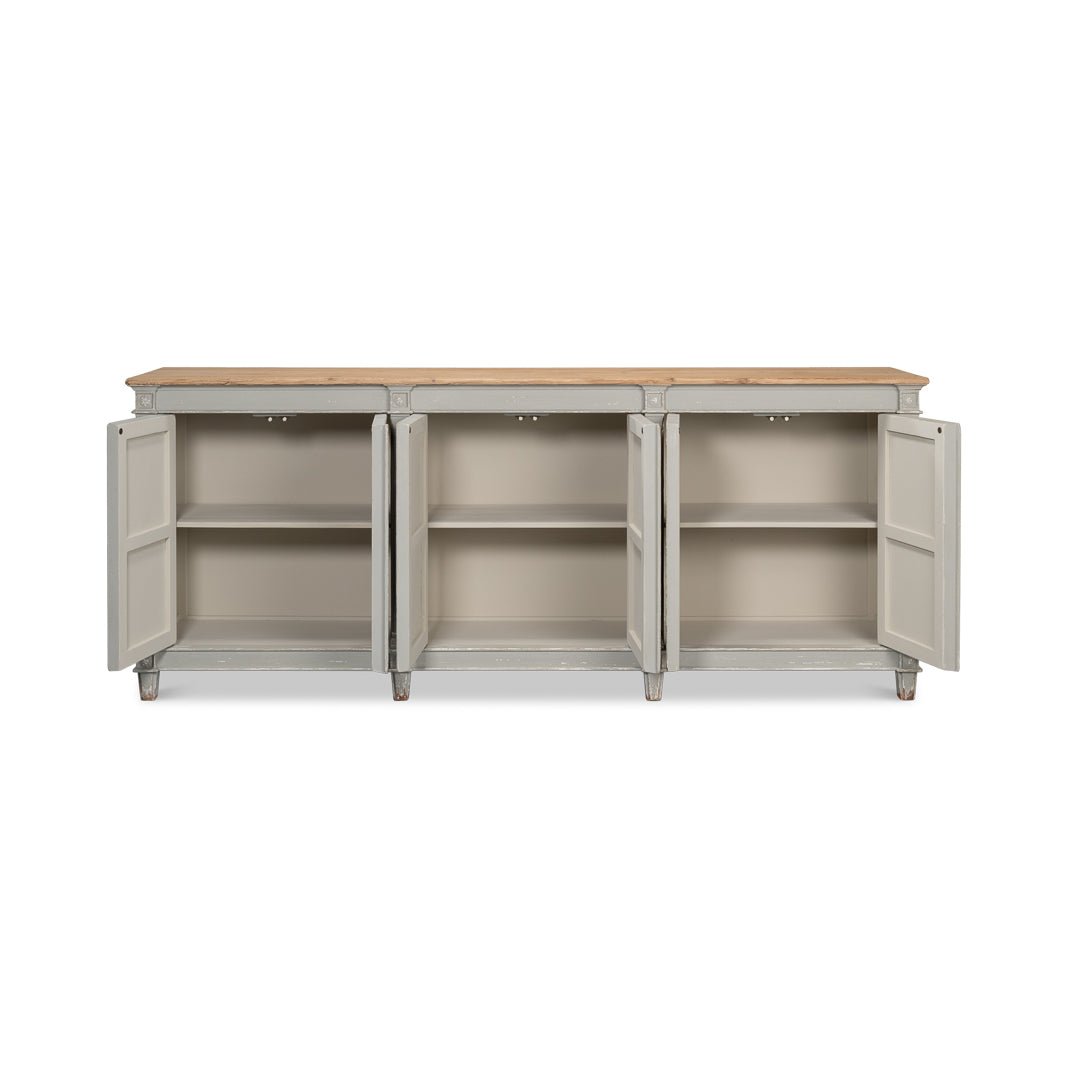 Interior view of open buffet cabinets and shelves.