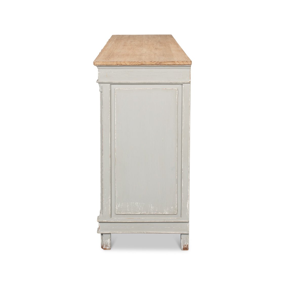 Side profile of gray antique buffet with wooden top.