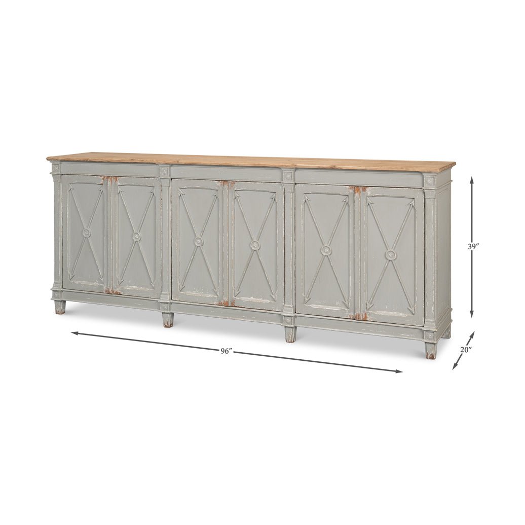 Dimensions indicated for long Directoire style gray buffet.