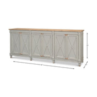 Dimensions indicated for long Directoire style gray buffet.