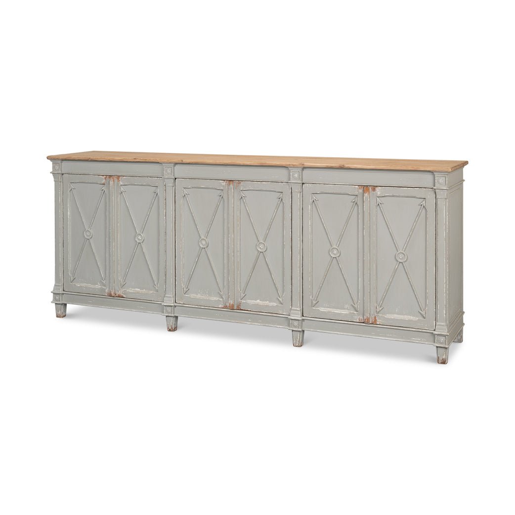 Front view of gray antique buffet with wooden top.