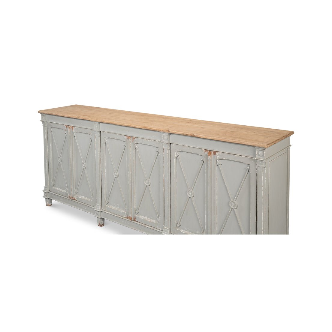 Angled view of Directoire style gray buffet.