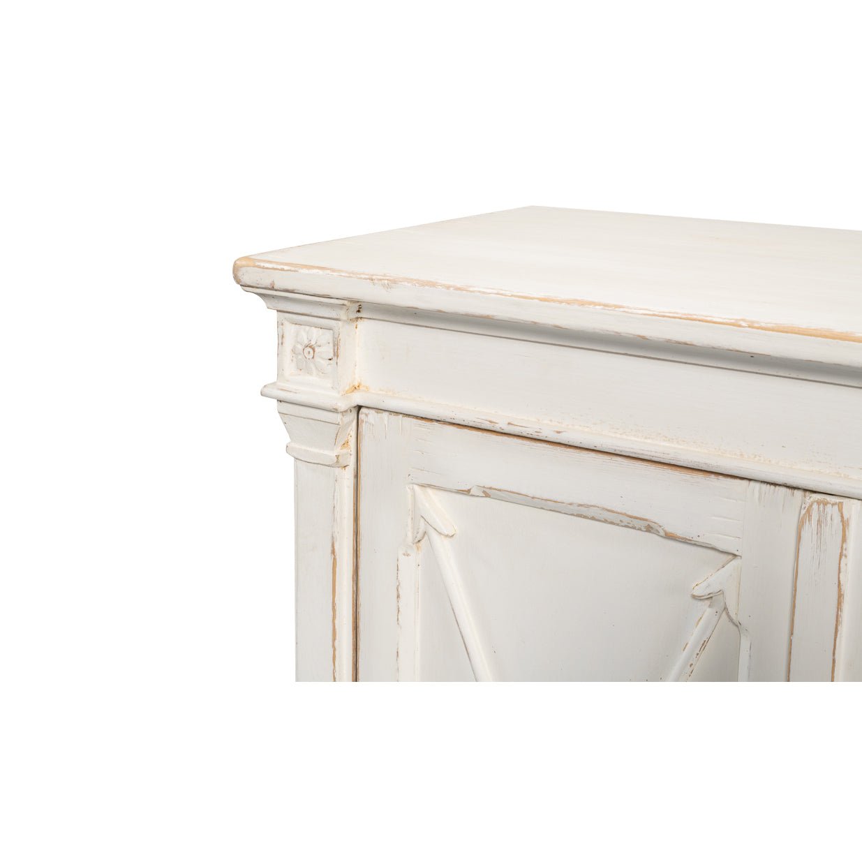 Corner detail, white buffet, intricate Directoire design.
