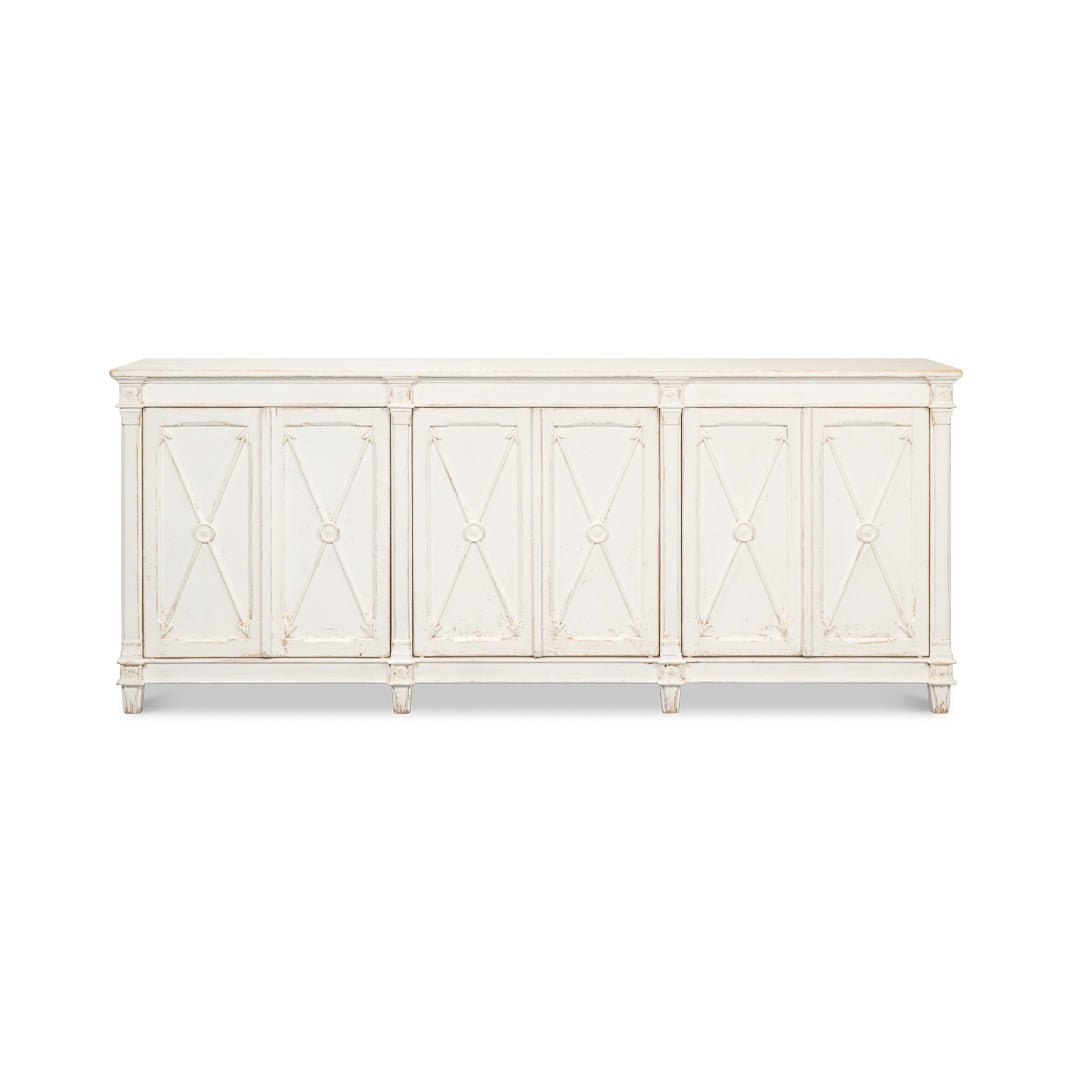 Front view of Directoire style white buffet with cabinets.