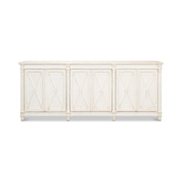 Front view of Directoire style white buffet with cabinets.