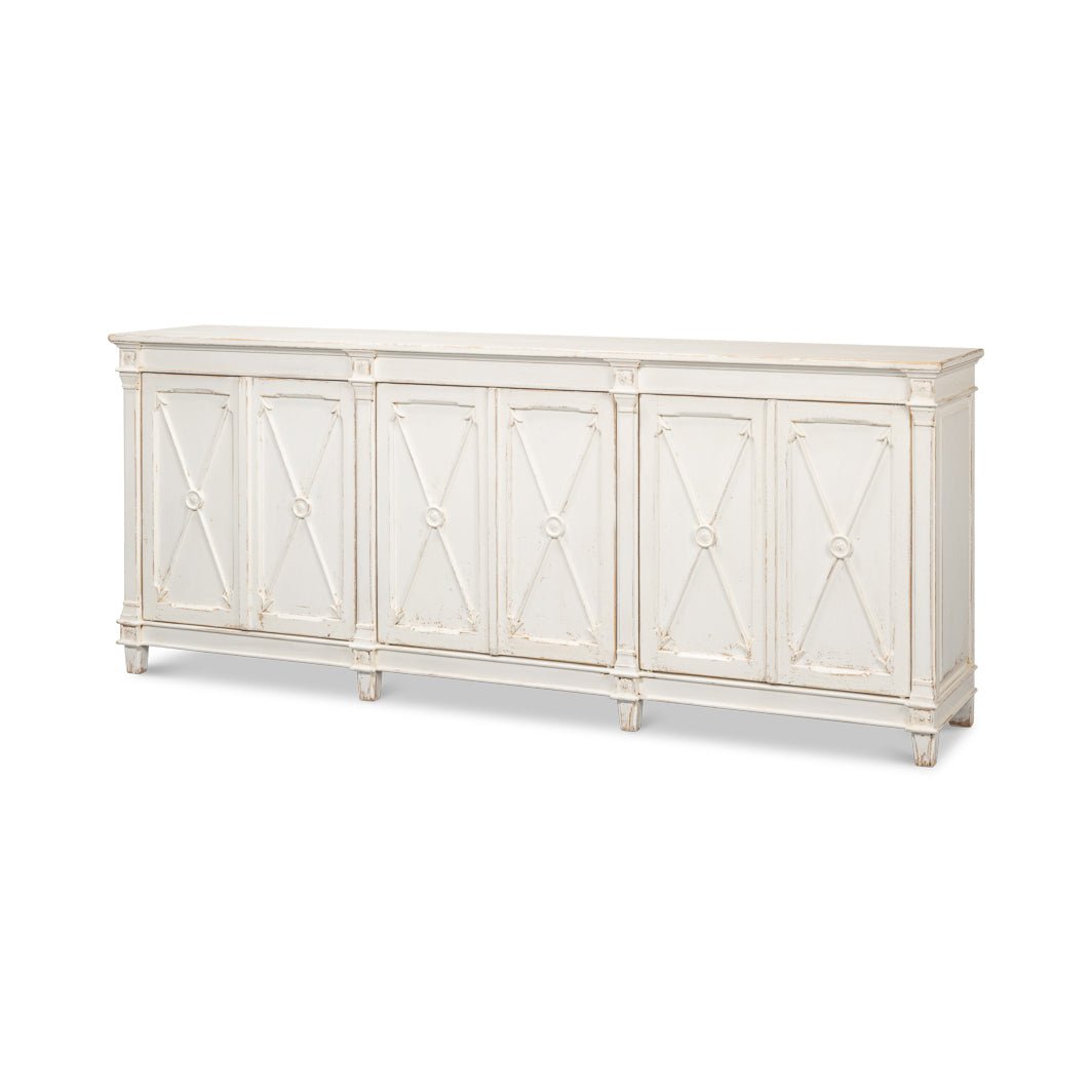 Long buffet, angled view, Directoire style, white finish.