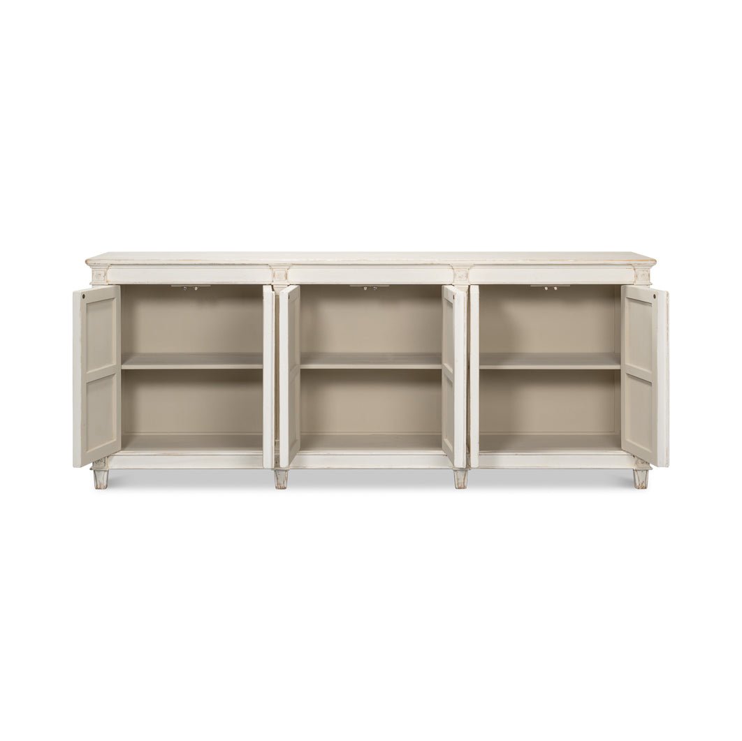 Open cabinet view, Directoire style buffet, interior shelves.