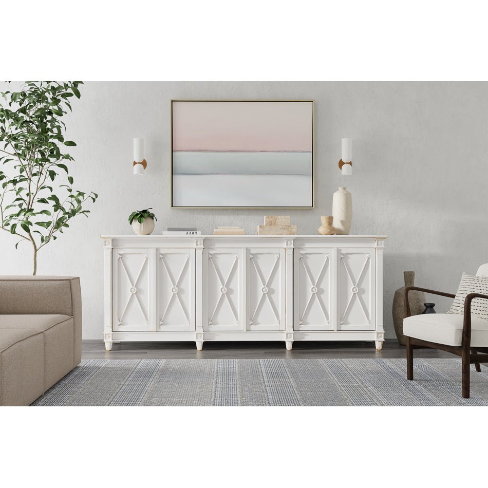 Long buffet styled in living room, Directoire influence.
