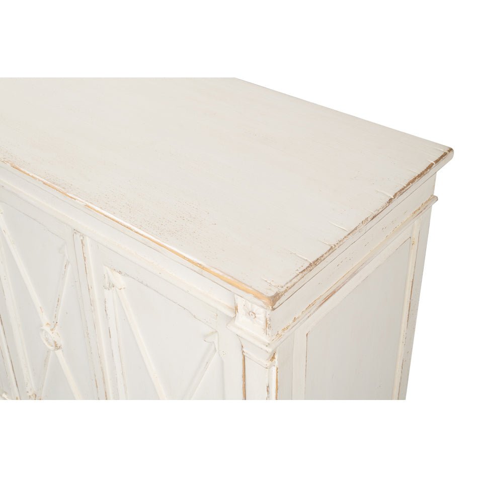 Top surface detail, distressed white finish buffet.