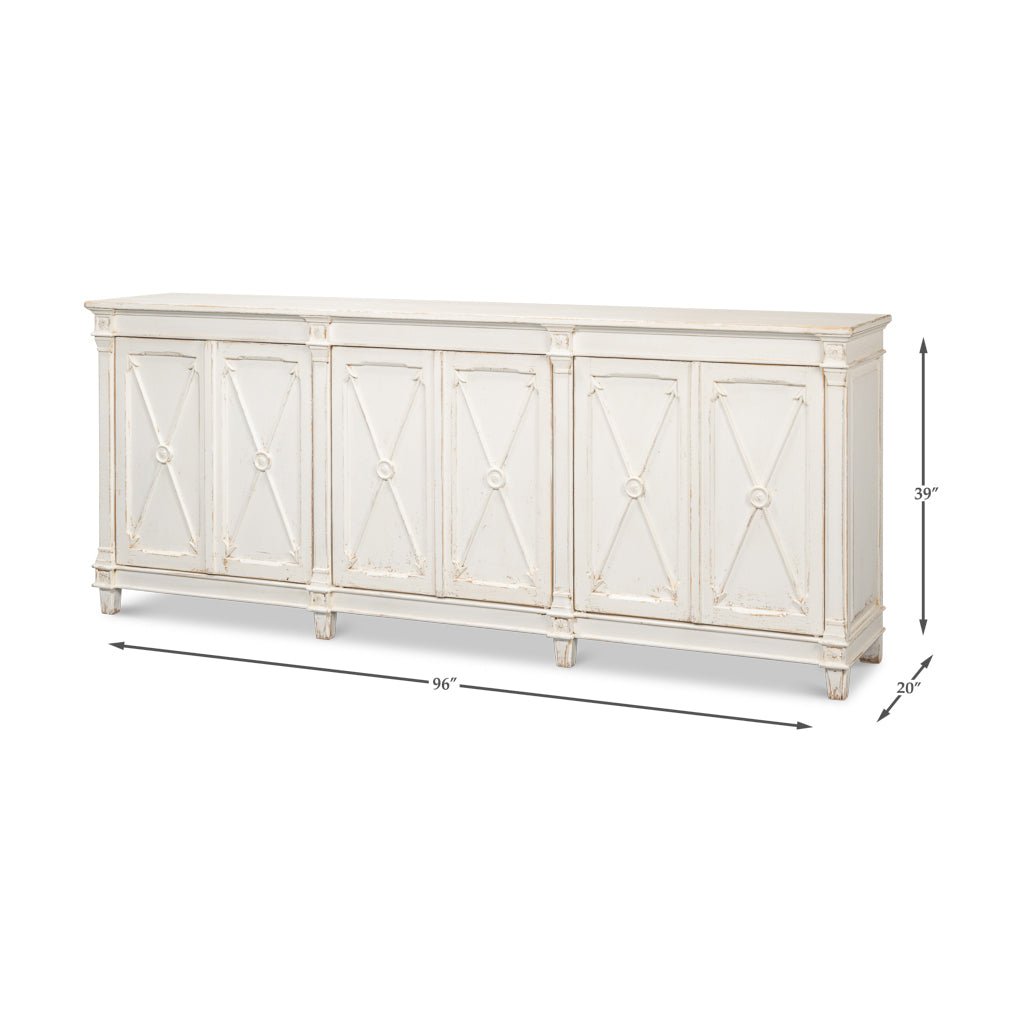 Directoire style white buffet, dimensions shown, scale reference.