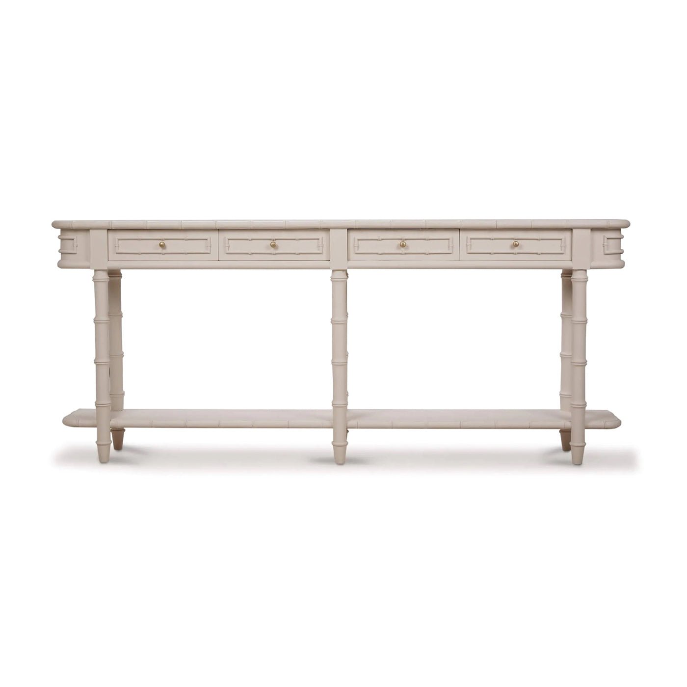 Long faux bamboo console table, front view.