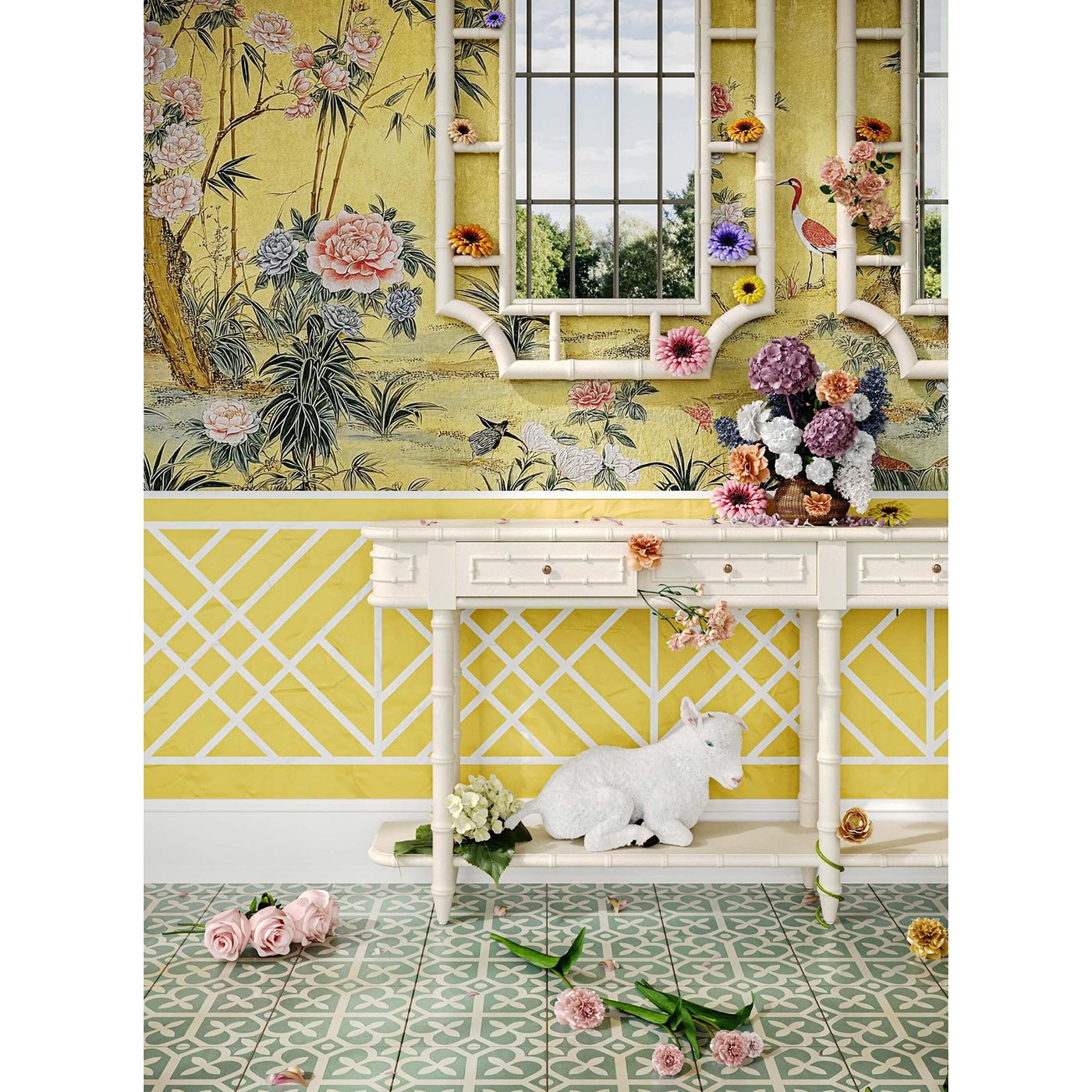 Console table styled with flowers and mirrored wall.