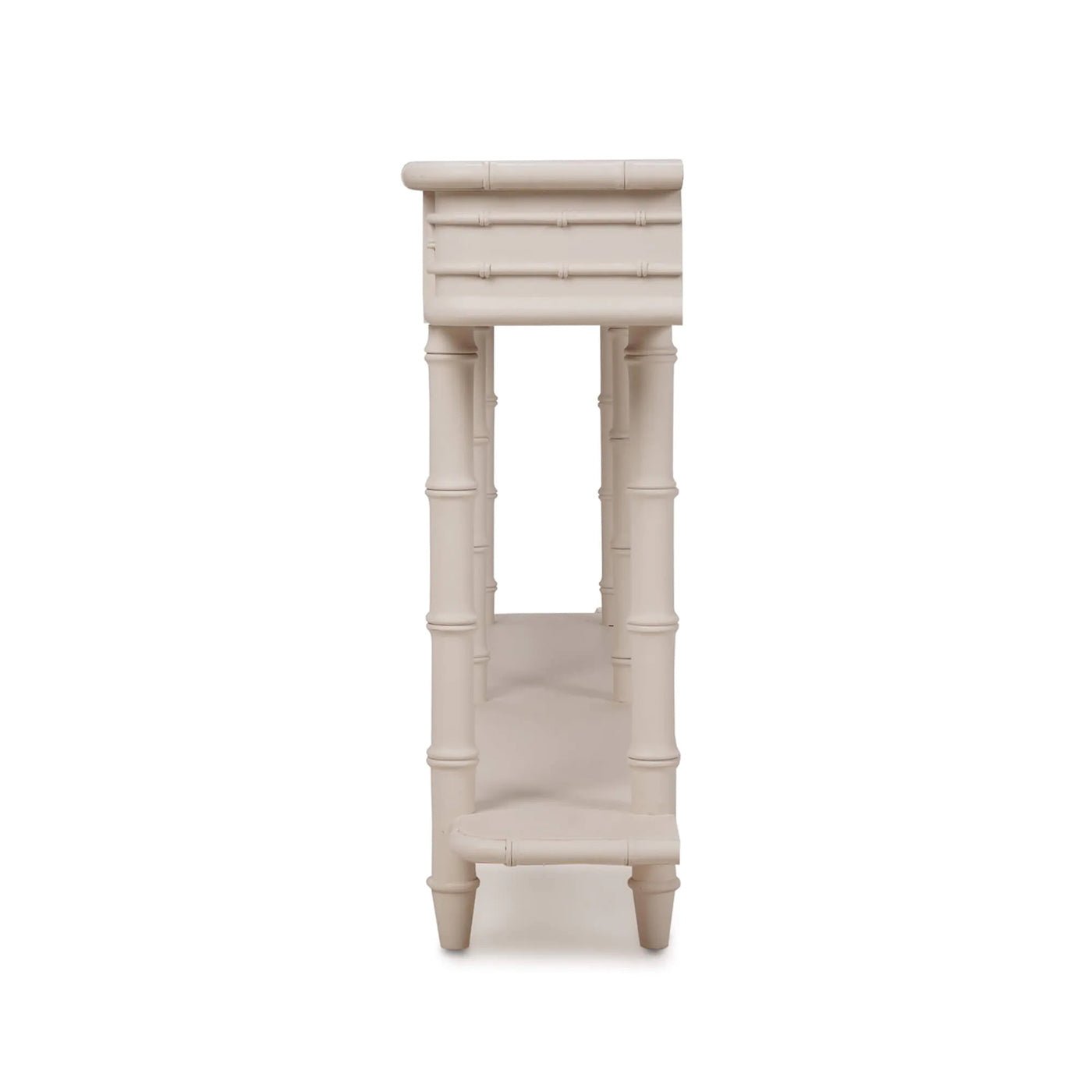 Side view of faux bamboo console table legs.