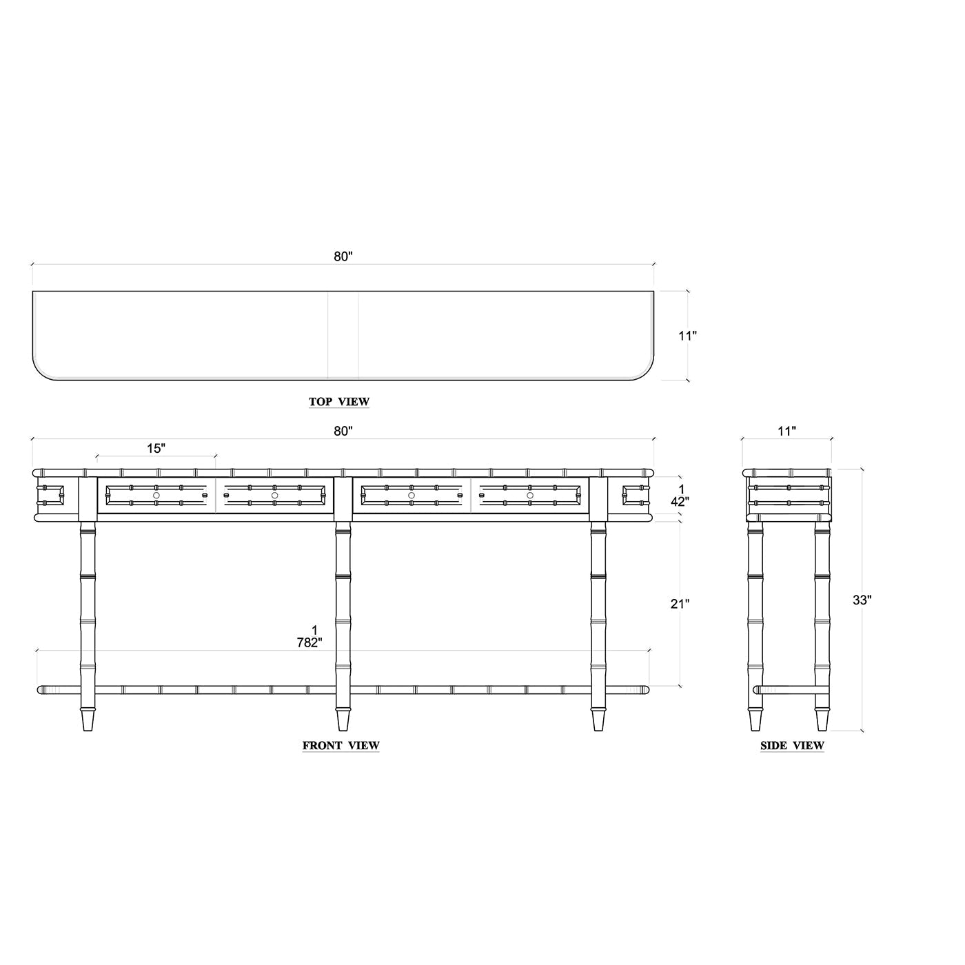 Detailed schematic of faux bamboo console table dimensions.