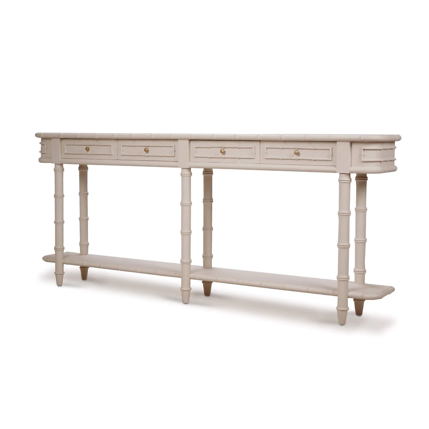 Long faux bamboo console table, angled front view.