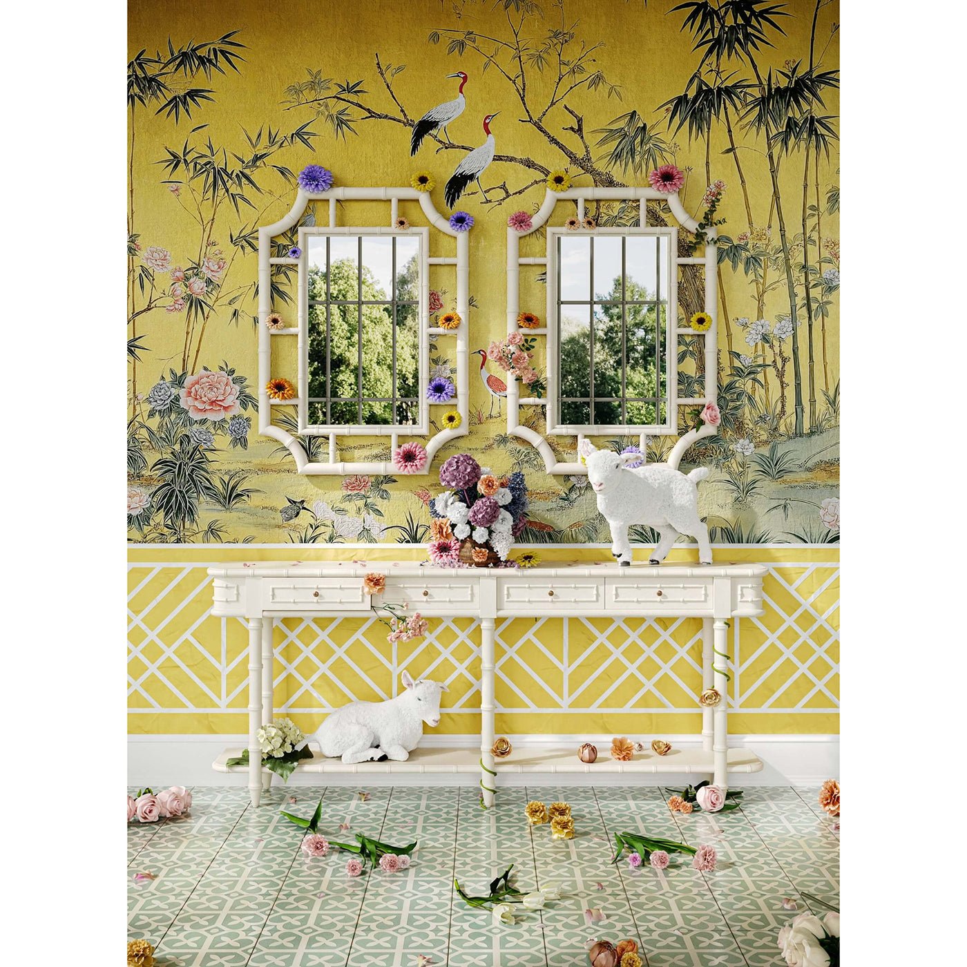 Decorated console table with floral arrangement and mirrors.