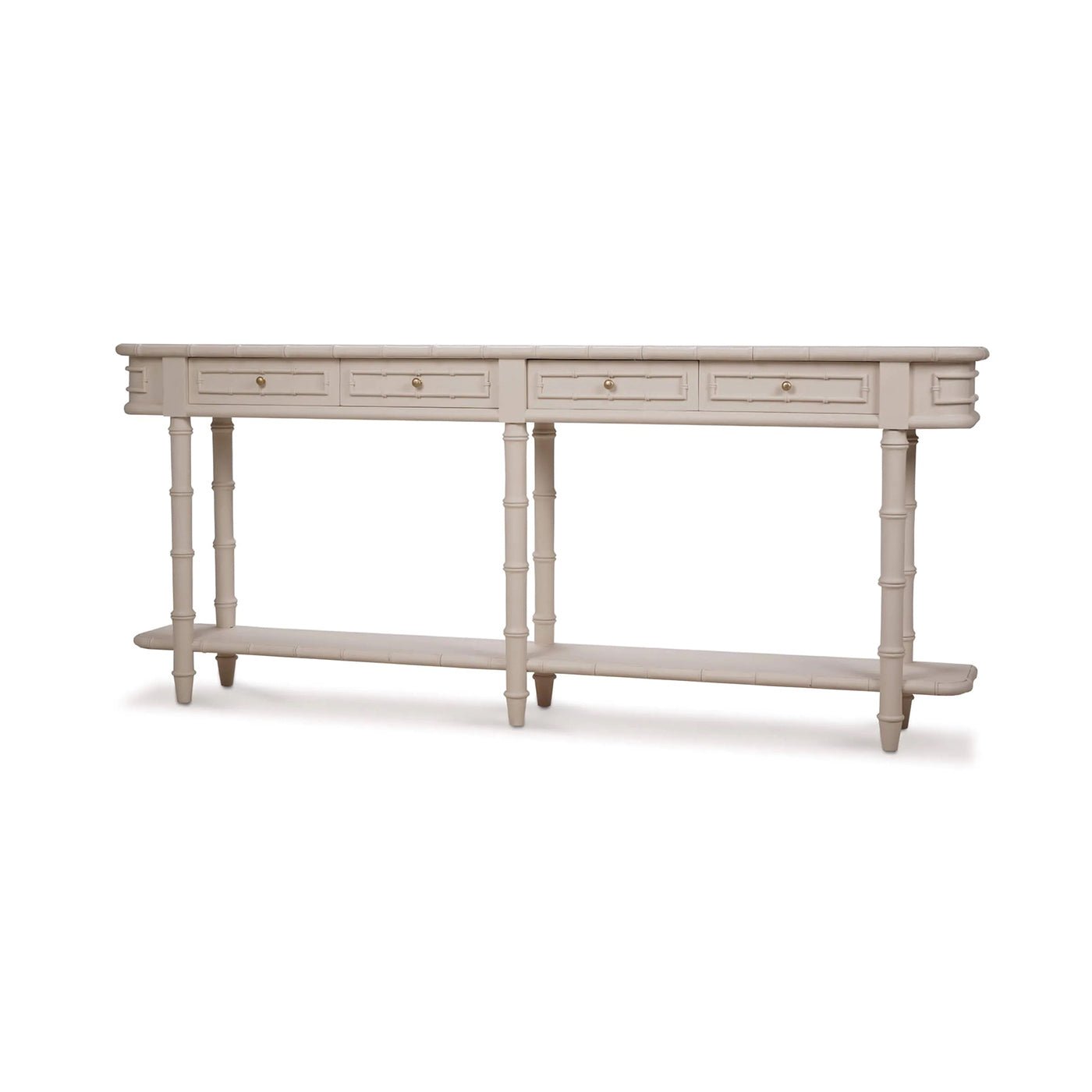 Long faux bamboo console table, angled side view.