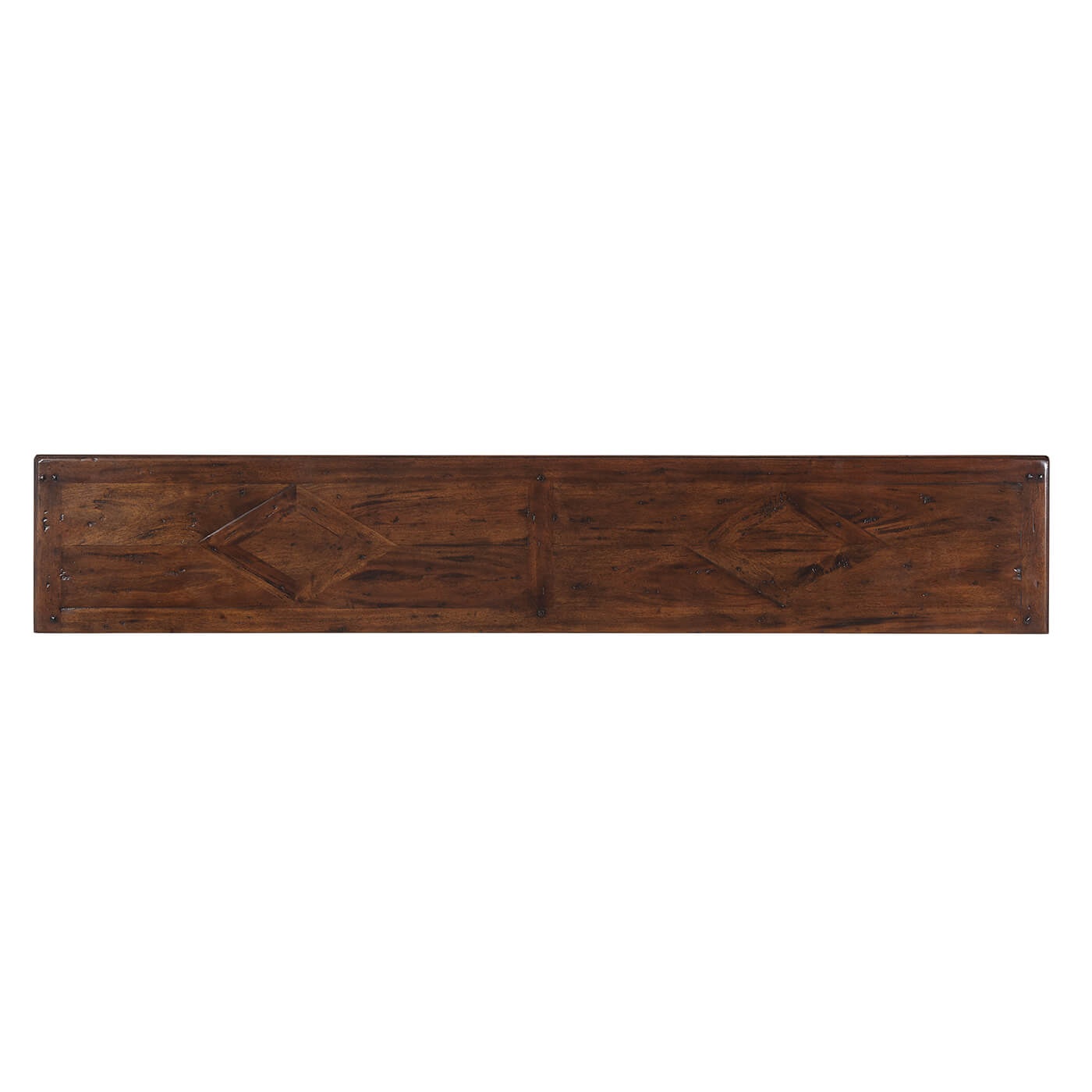 Top view of console table, dark wood finish.