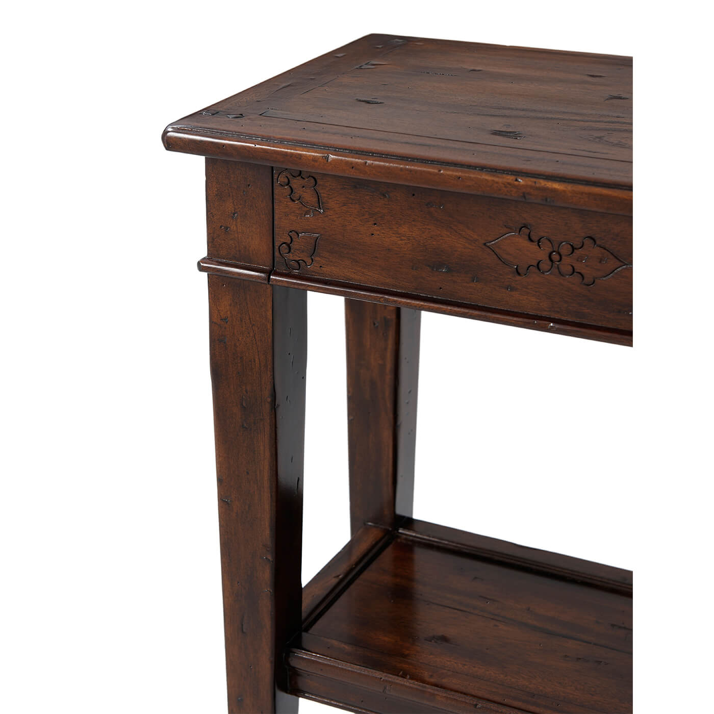 Close-up of console table detailing and surface texture.
