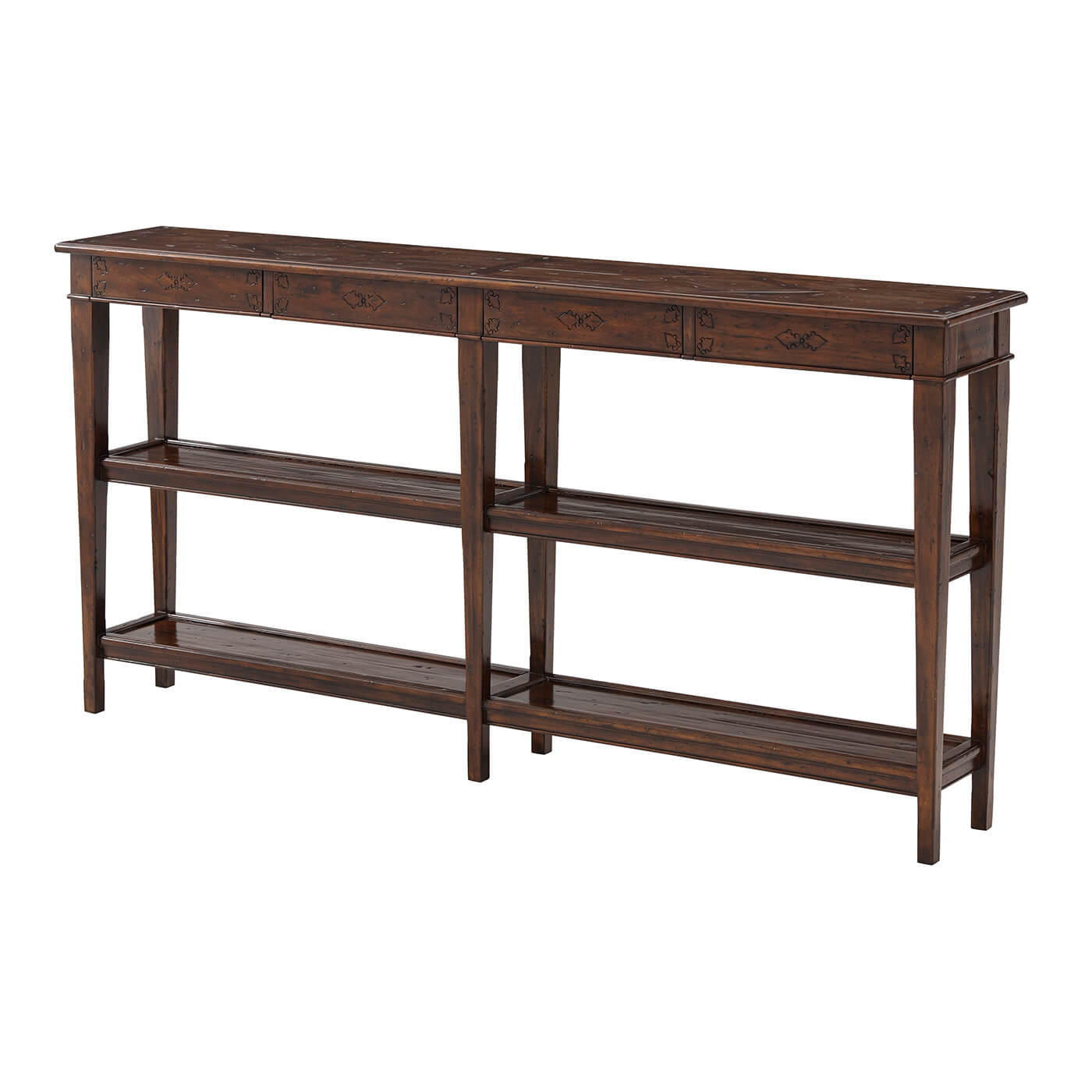 Dark wood console table, front angled view, three shelves.