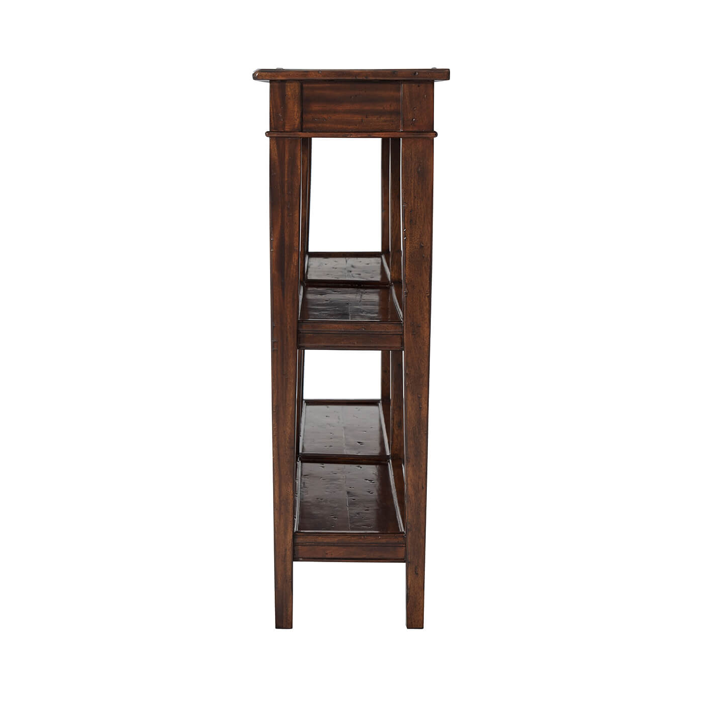 Side view of narrow console table with shelves.