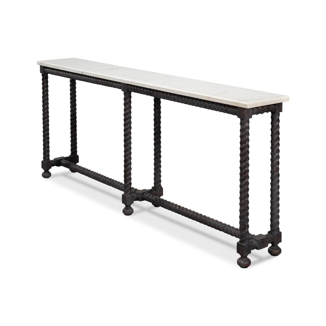 Angled view of marble top console table