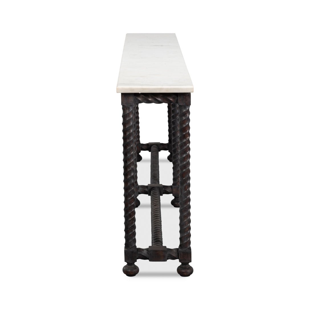 Side perspective of barley twist base console table