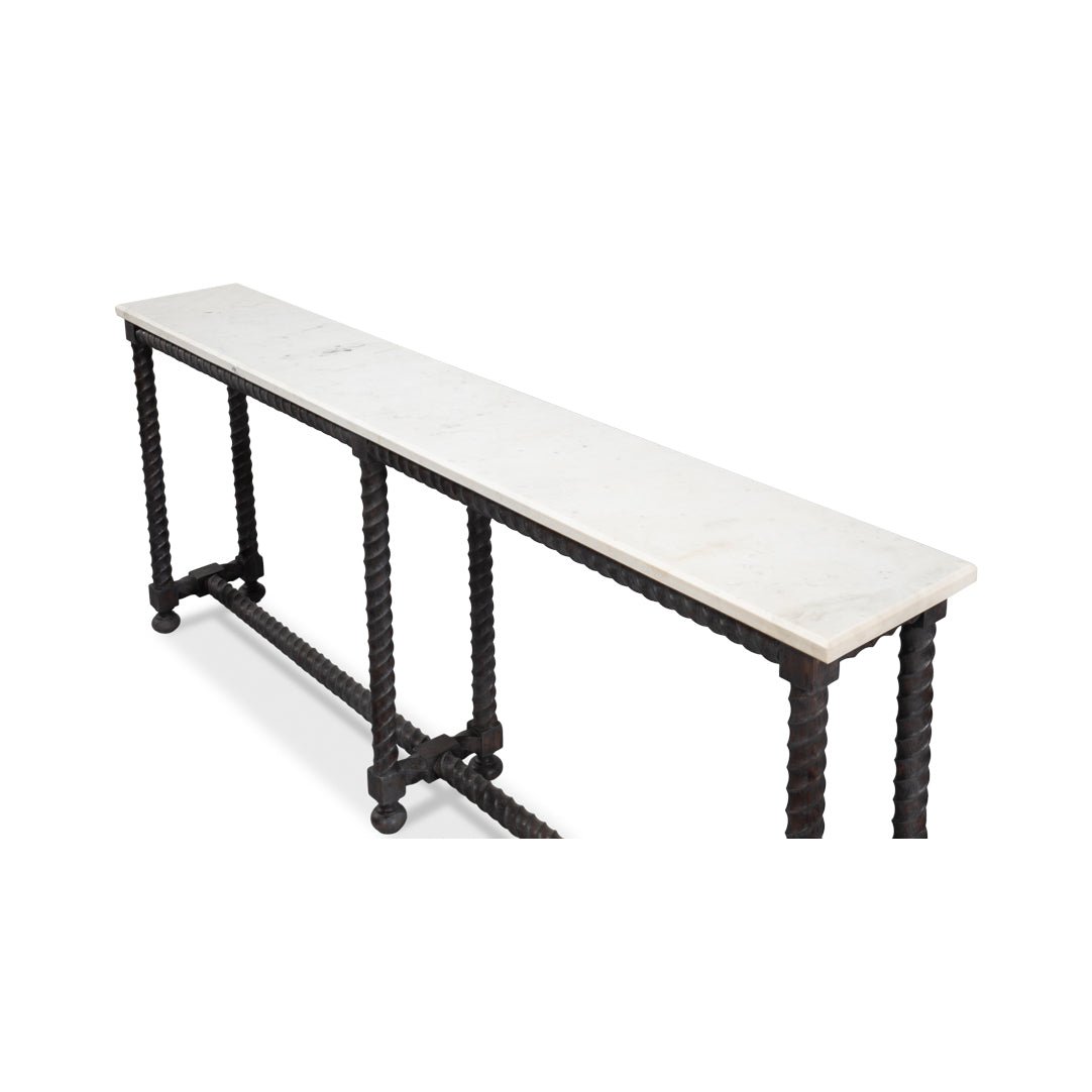 Long marble console table, top perspective