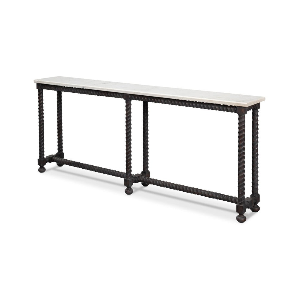 Long marble top console table, side view