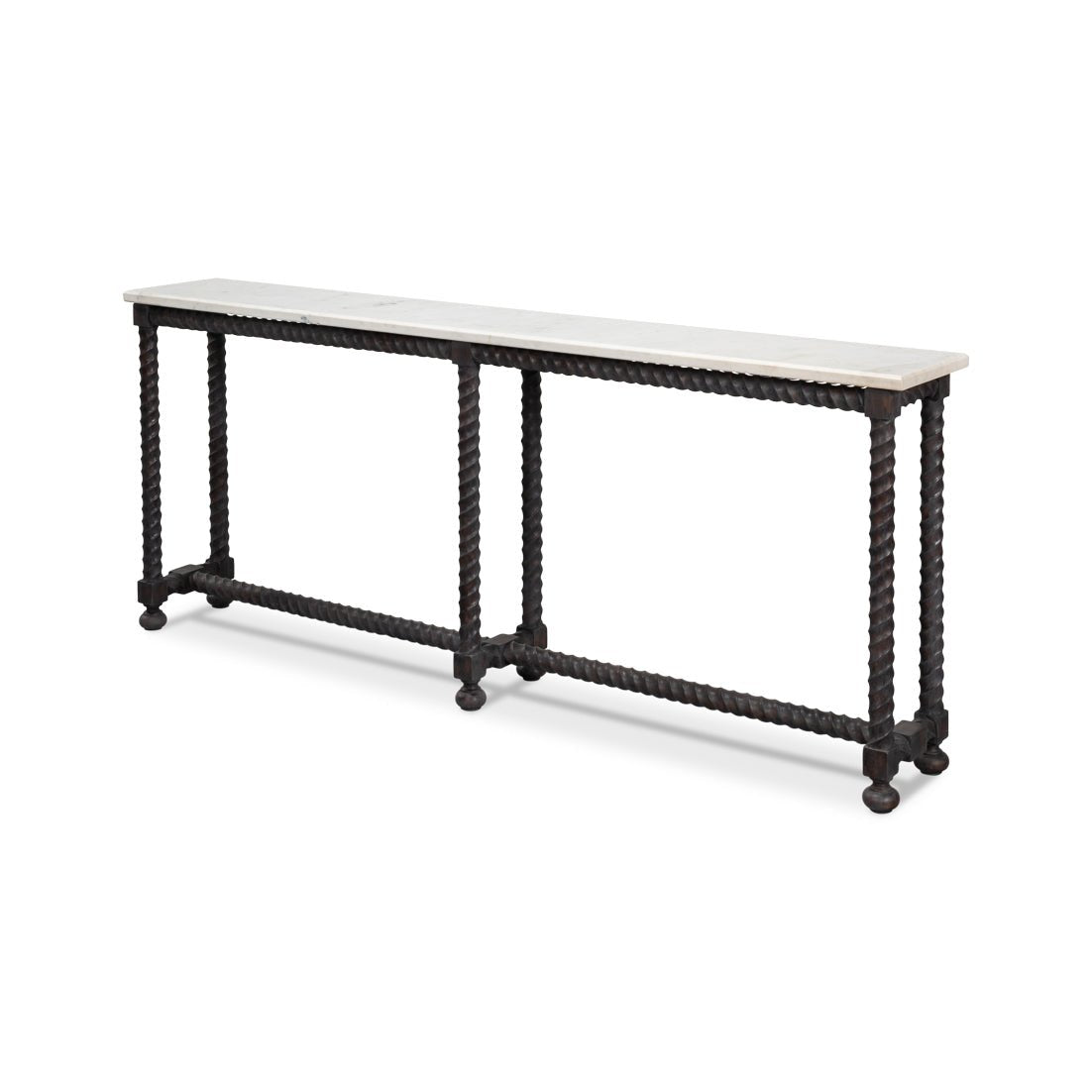 Long marble top console table, side view