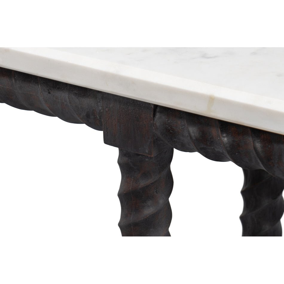 Detailed marble top and leg design of console table