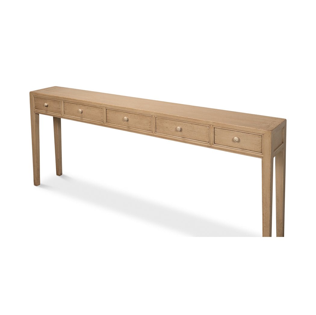 Angled view of console table, showing length and drawers.