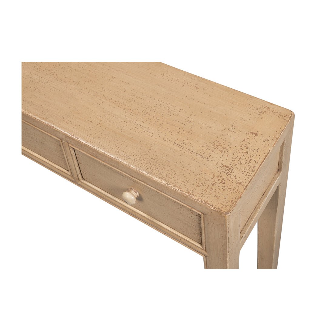 Close-up of console table's top surface detail.