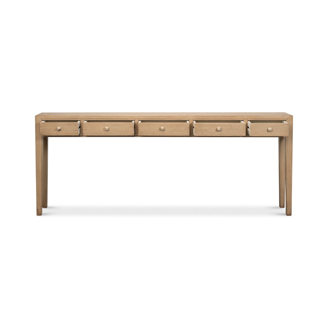 Console table with open drawers, frontal view.