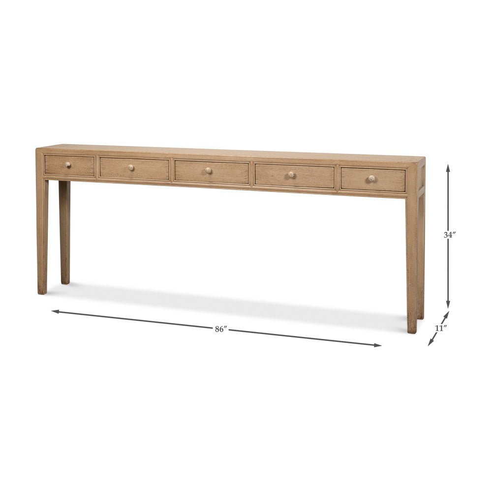 Console table with dimensions, full view.