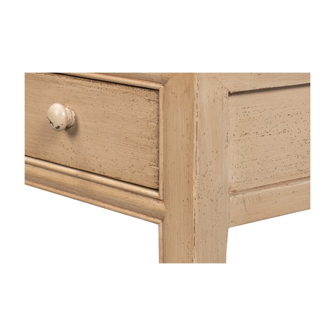 Close-up corner detail of console table.