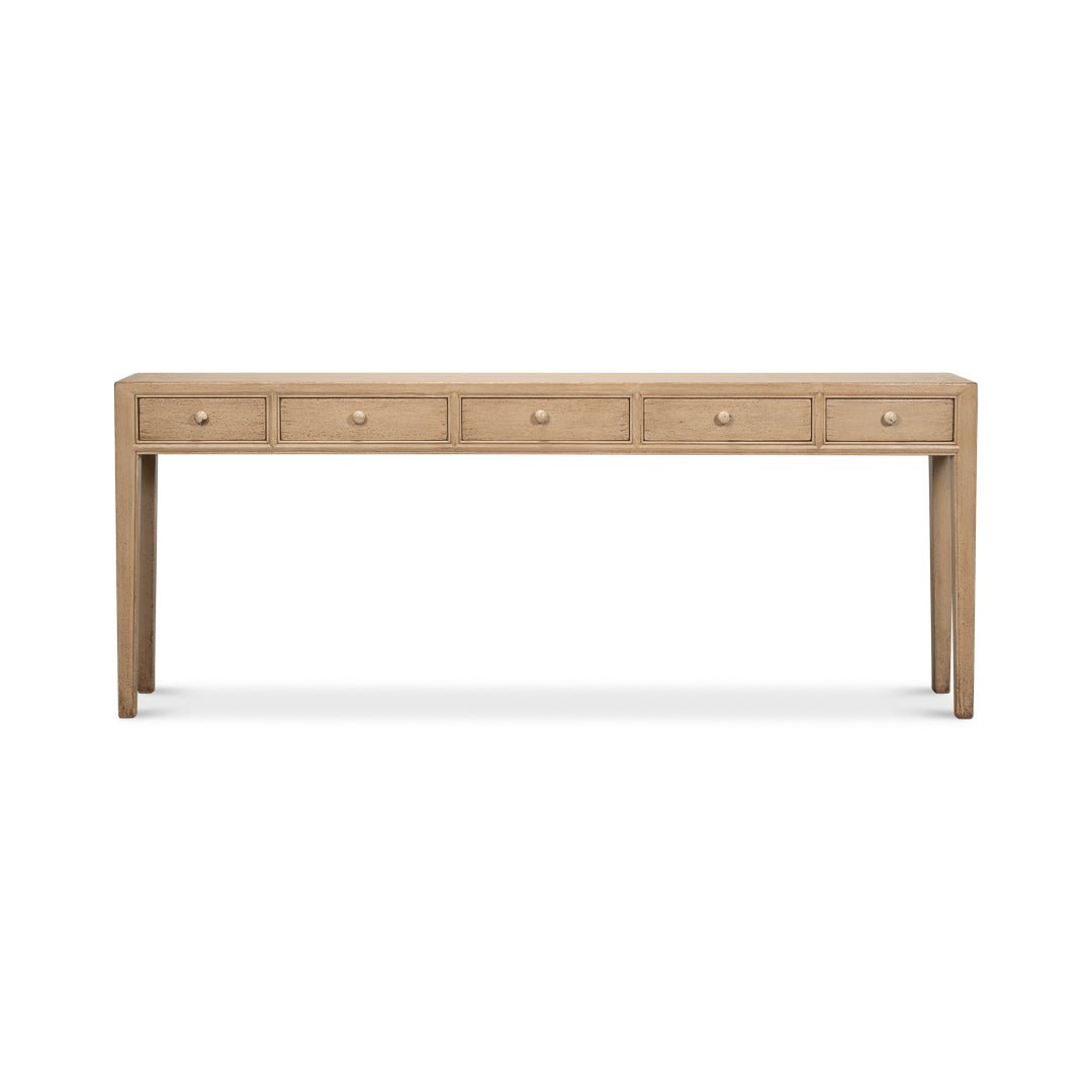 Frontal view of long console table with drawers.