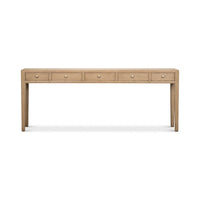Frontal view of long console table with drawers.