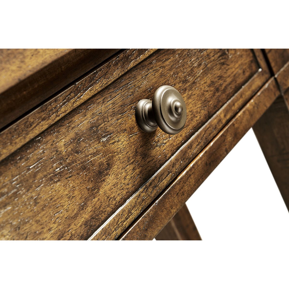 Close-up of drawer handle on wooden console table