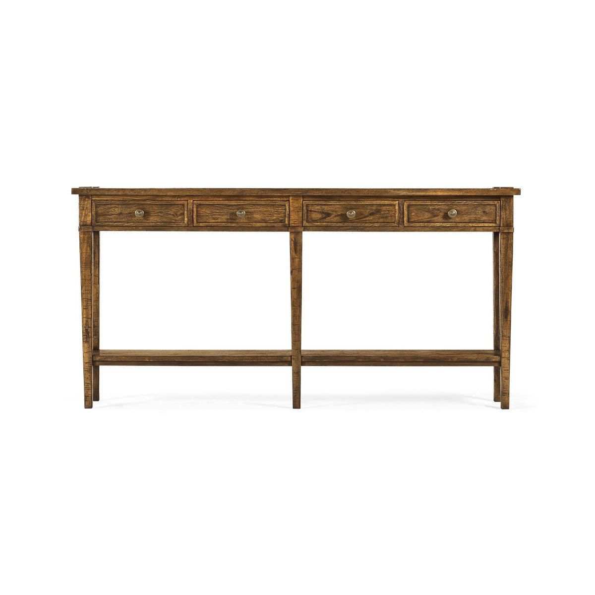 Front view of wooden console table with drawers