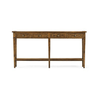Front view of wooden console table with drawers