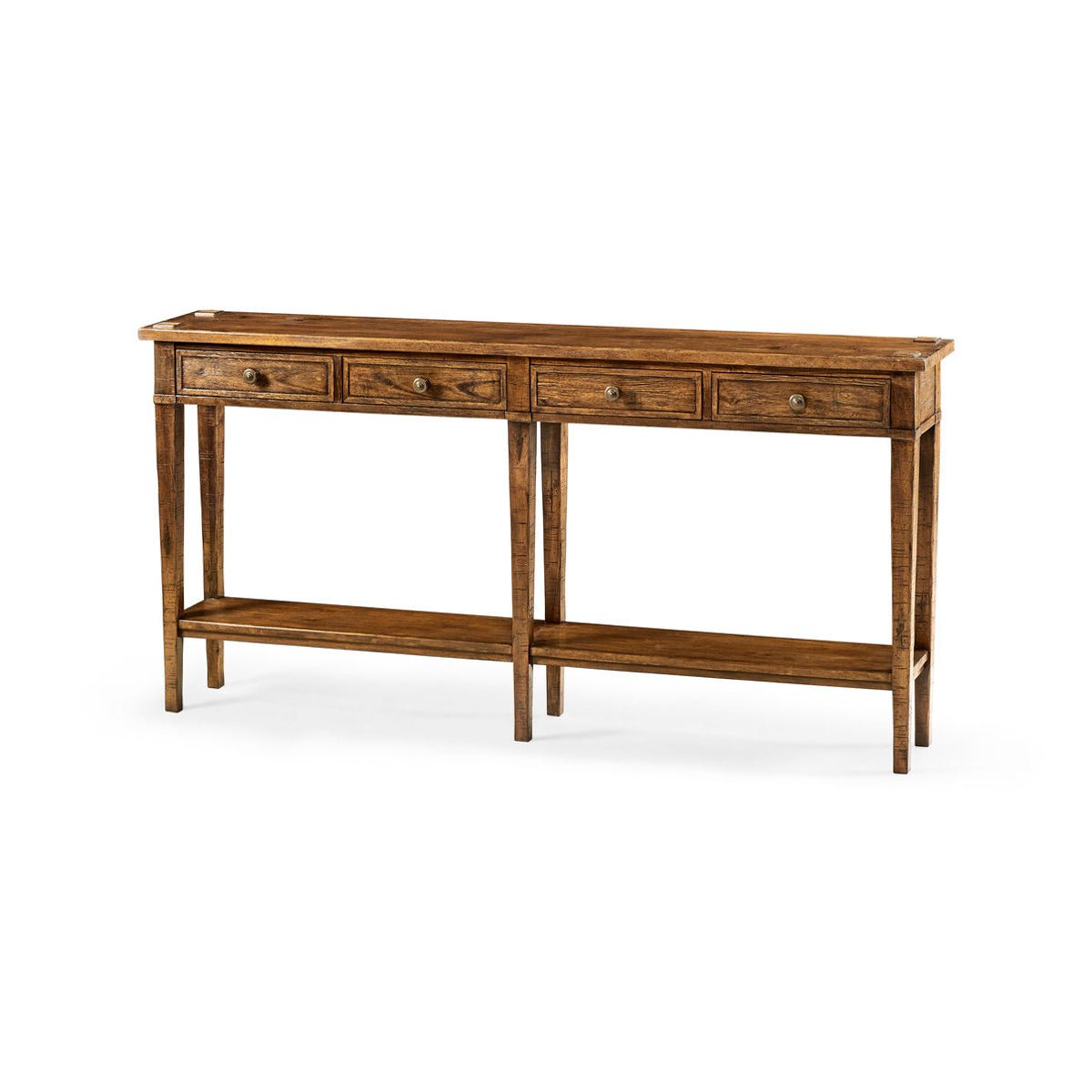 Angled view of walnut console table with four drawers