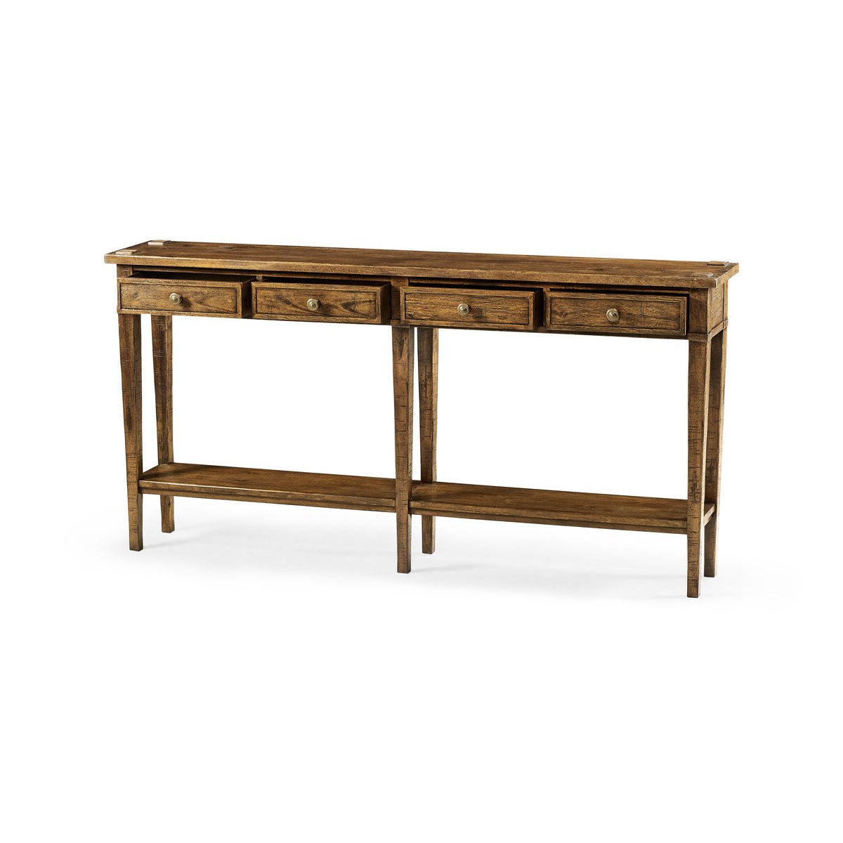 Side angle of narrow console table with bottom shelf