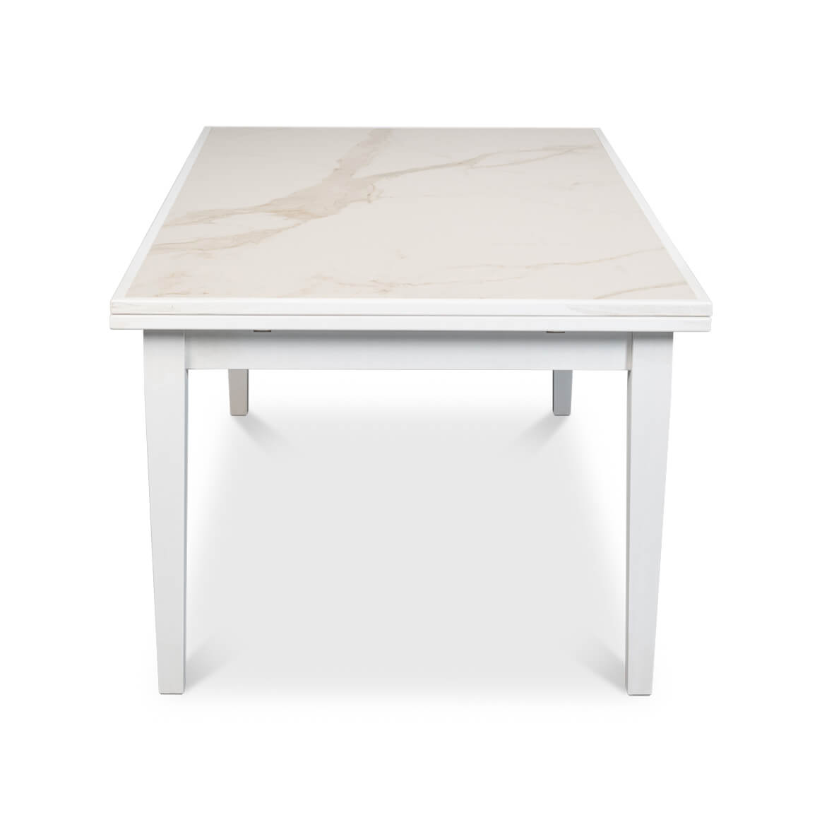 White Italian dining table, condensed, top-down view.