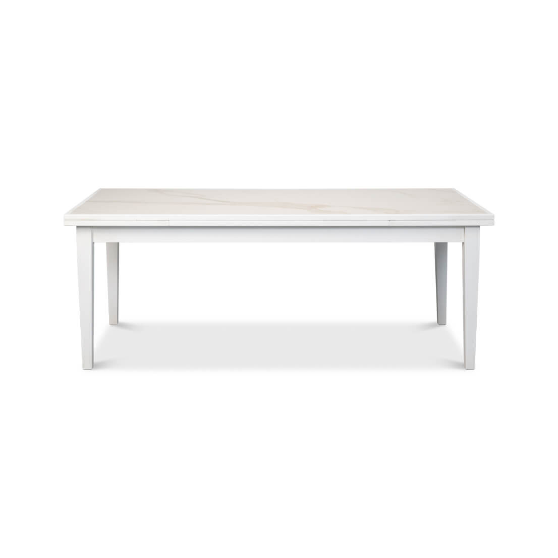 White Italian draw leaf dining table, condensed full view.