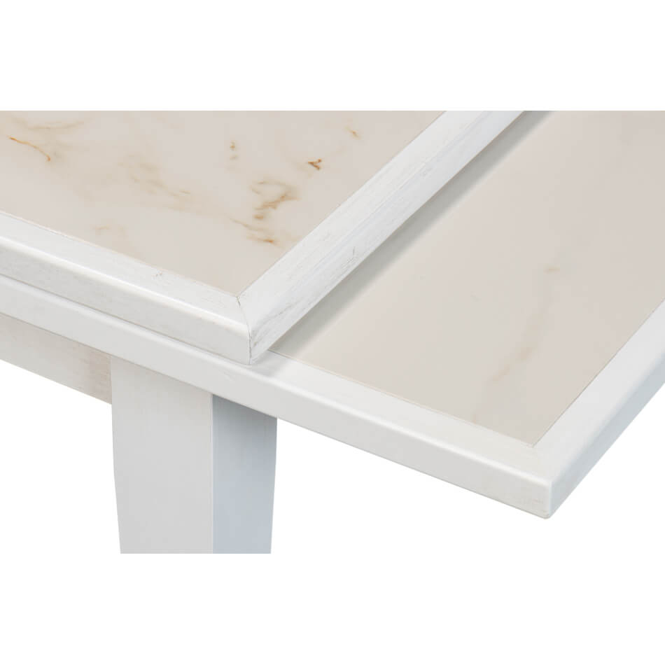 White Italian draw leaf table leaf extension detail.