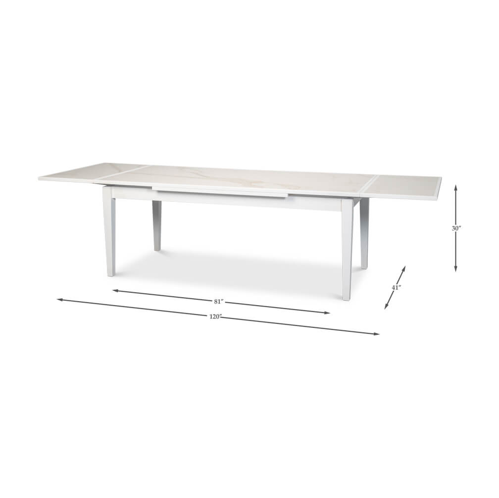 Extended white Italian dining table with dimensions.